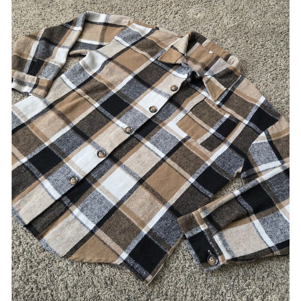 Brown Plaid Flannel Shacket Button Down Drop Shoulder Oversized Shirt Size L - Picture 3 of 8